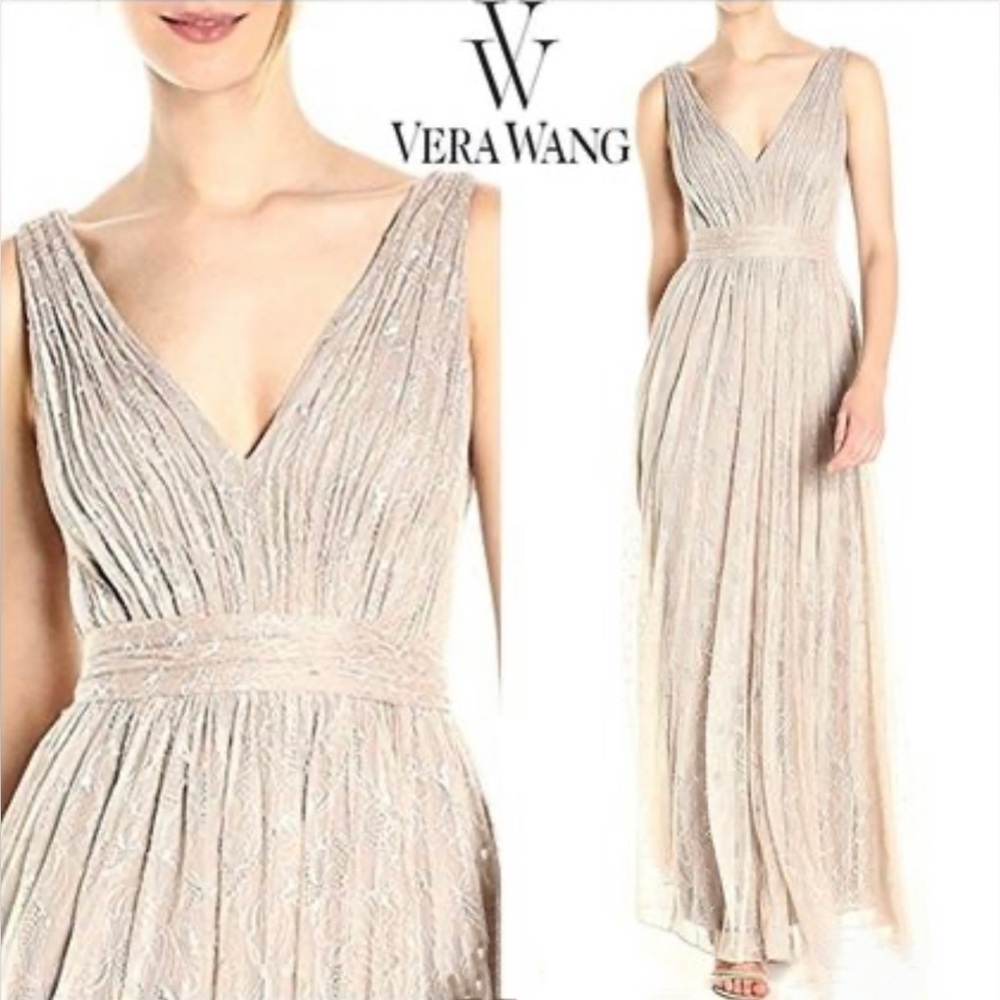 Vera Wang Sleeveless V-Neck Long Lace Dress